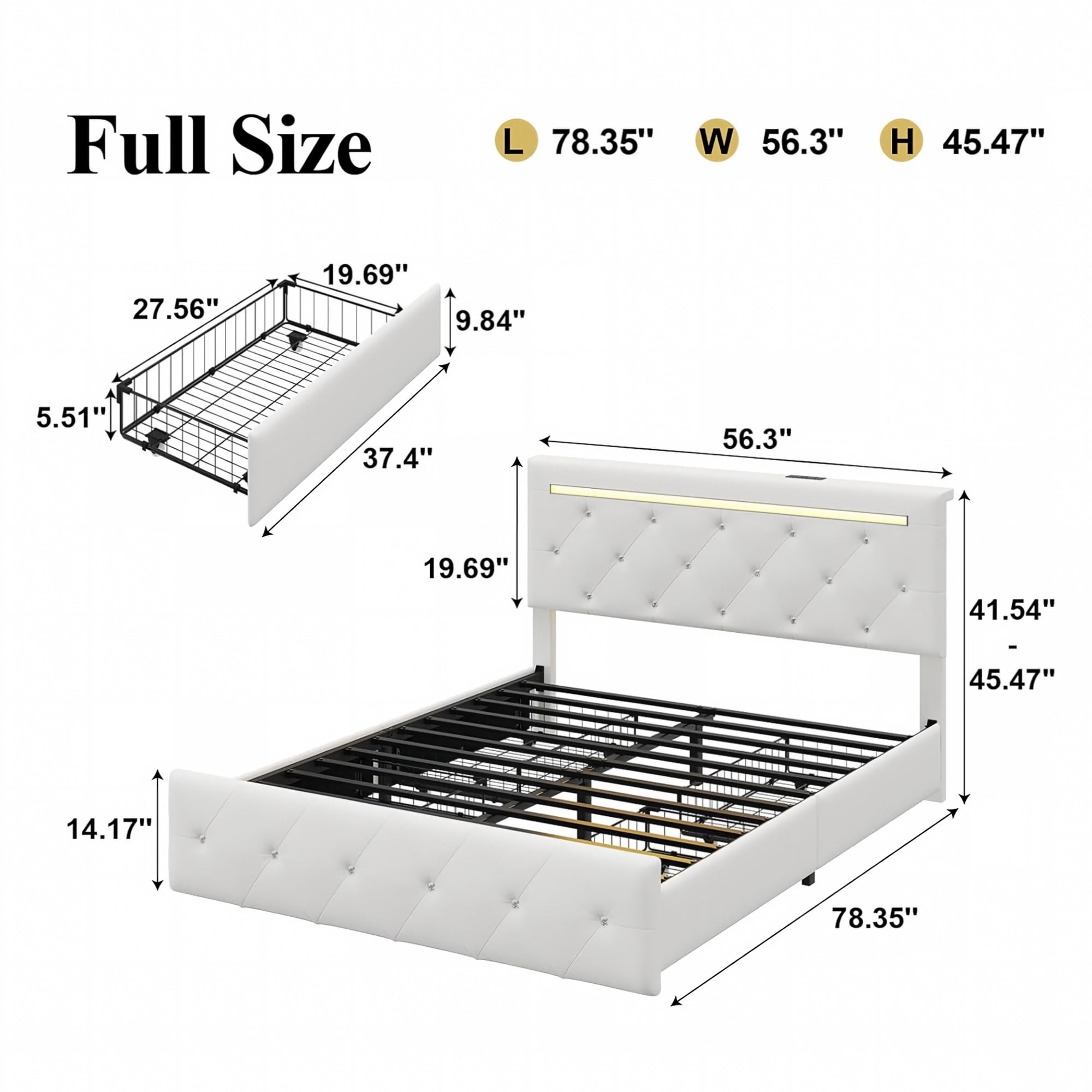 BSHTI Full Size Faux Leather Upholstered Bed Frame with LED Light, Charging Station, 4 Storage Drawers, Adjustable Headboard for Bedroom(White)