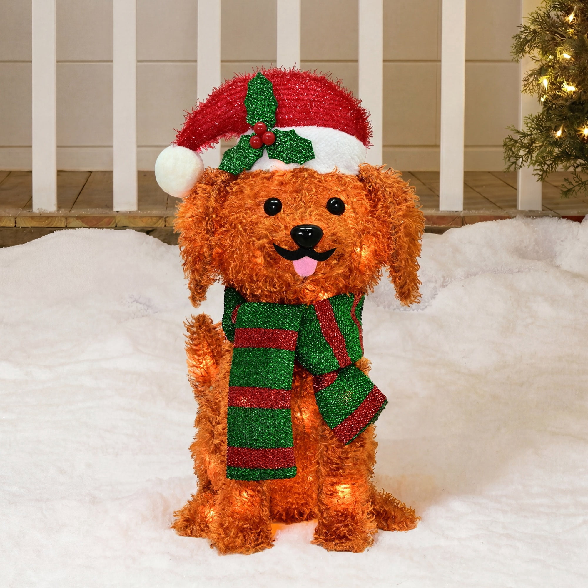 Indoor/Outdoor Light-Up Plush Dog Christmas Decoration with 35 LED Lights, Warm White, 19", by Holiday Time