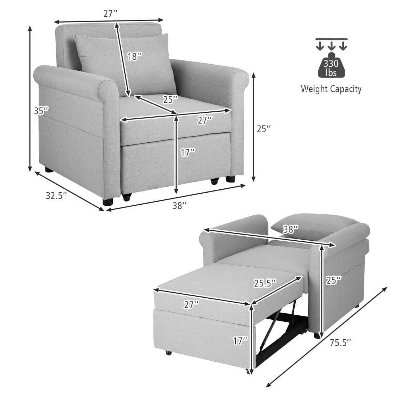 Demi Bonn Sofa Bed, Convertible Recliner Sofa Chair, 3-in-1 Pull-out Convertible Adjustable Reclining Sofa Bed, for Living Room, Bedroom, Gray