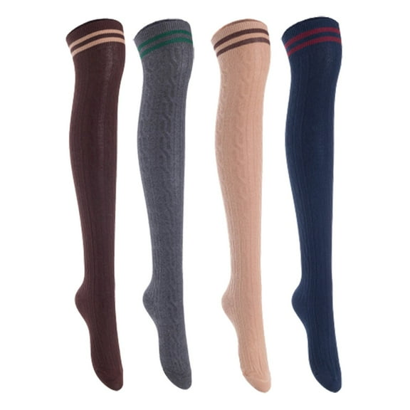 Lian Lifestyle Women's 4 Pairs Incredible Durable Super Soft Unique Over Knee High Thigh High Cotton Socks, Size US 6-9, JMYP1023 Coffee, Dark Gray, Khaki, Navy