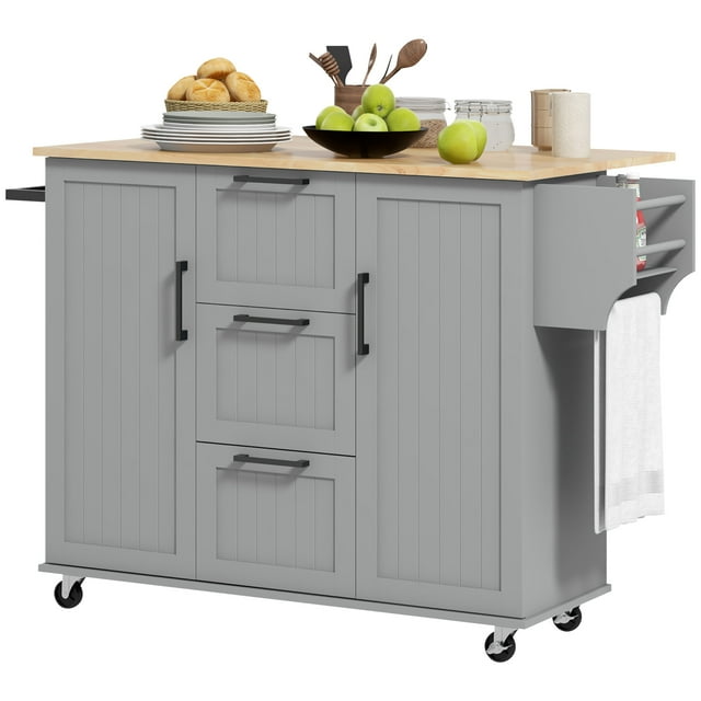 CoSoTower Rolling Kitchen Cart on Wheels with Drop Leaf, Kitchen Island with 3 Drawers, Solid Wood Top and Towel Rack, Grey