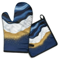 Blue Gold Marble Kitchen Oven Mitt and Pot Holder Sets 2 Pcs for Baking, Cooking and Grilling, Heat Resistant Up To 392 °F