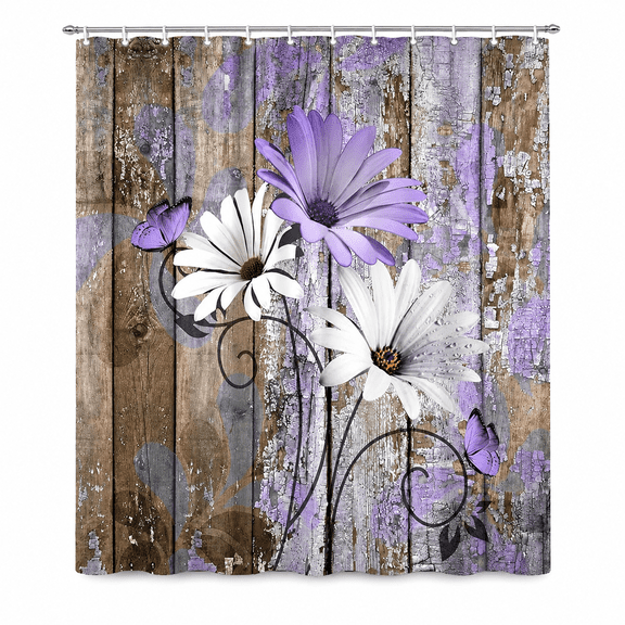 Farmhouse Flower Floral Shower Curtain, Rustic Purple Daisy Shower Curtain Set, Country Purple Wild Garden Plant Fabric Shower Curtain with Hooks, Brown Wooden Board Bathroom Curtain, 72x72inch