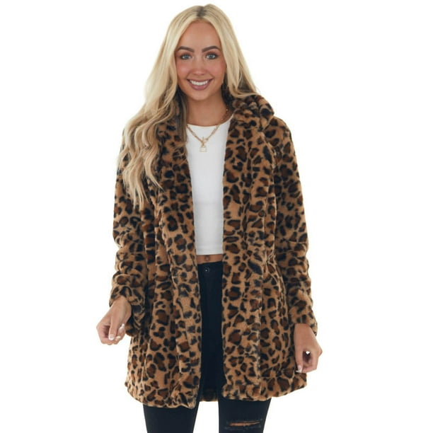 Women's Leopard Faux Fur Pocket Fuzzy Warm Winter Oversized Outwear ...