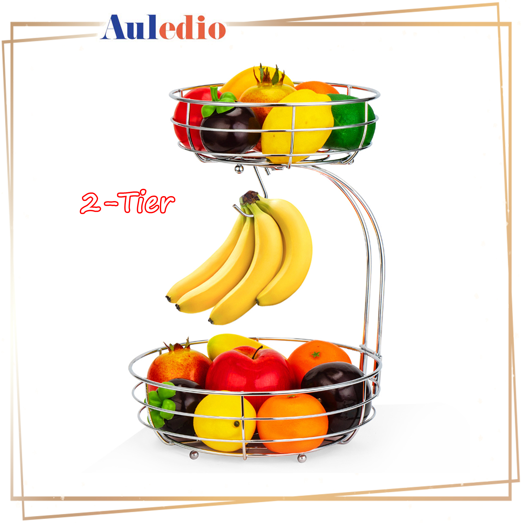 Auledio 2 Tier Metal Fruit Vegetable Baskets with Banana Tree