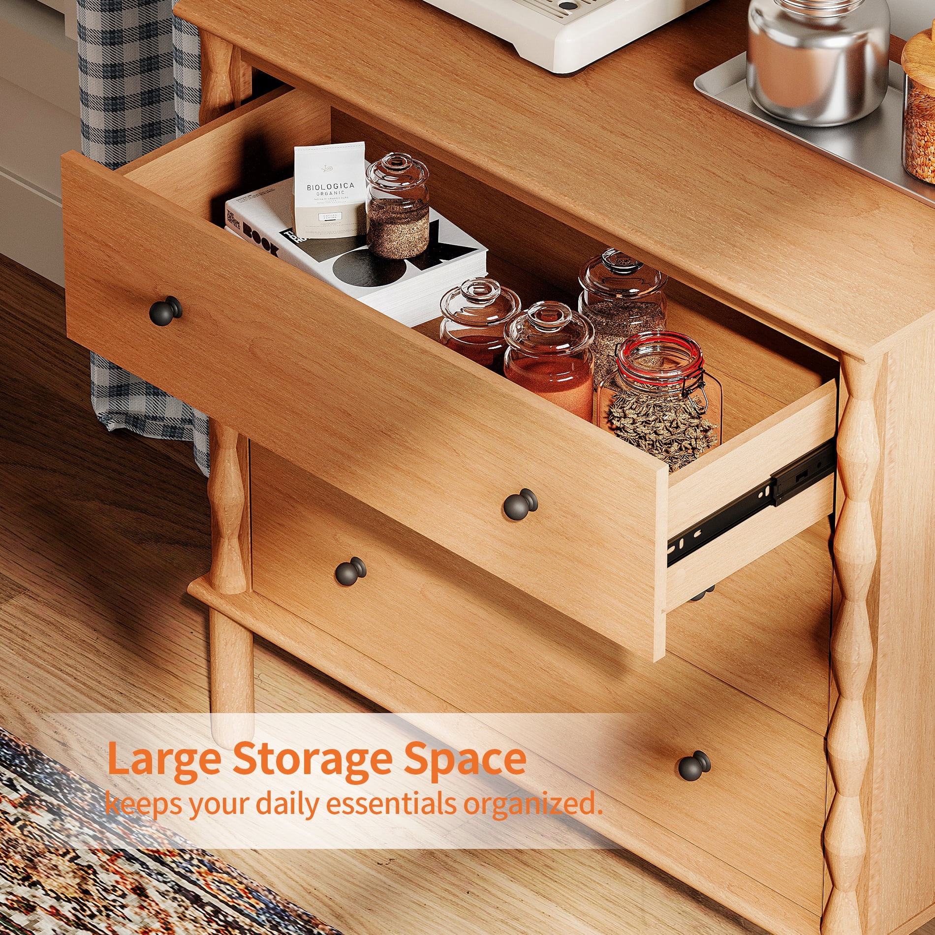 WAMPAT 6 Drawer Sideboard with Solid Wood Legs for Dining Room,Walnut