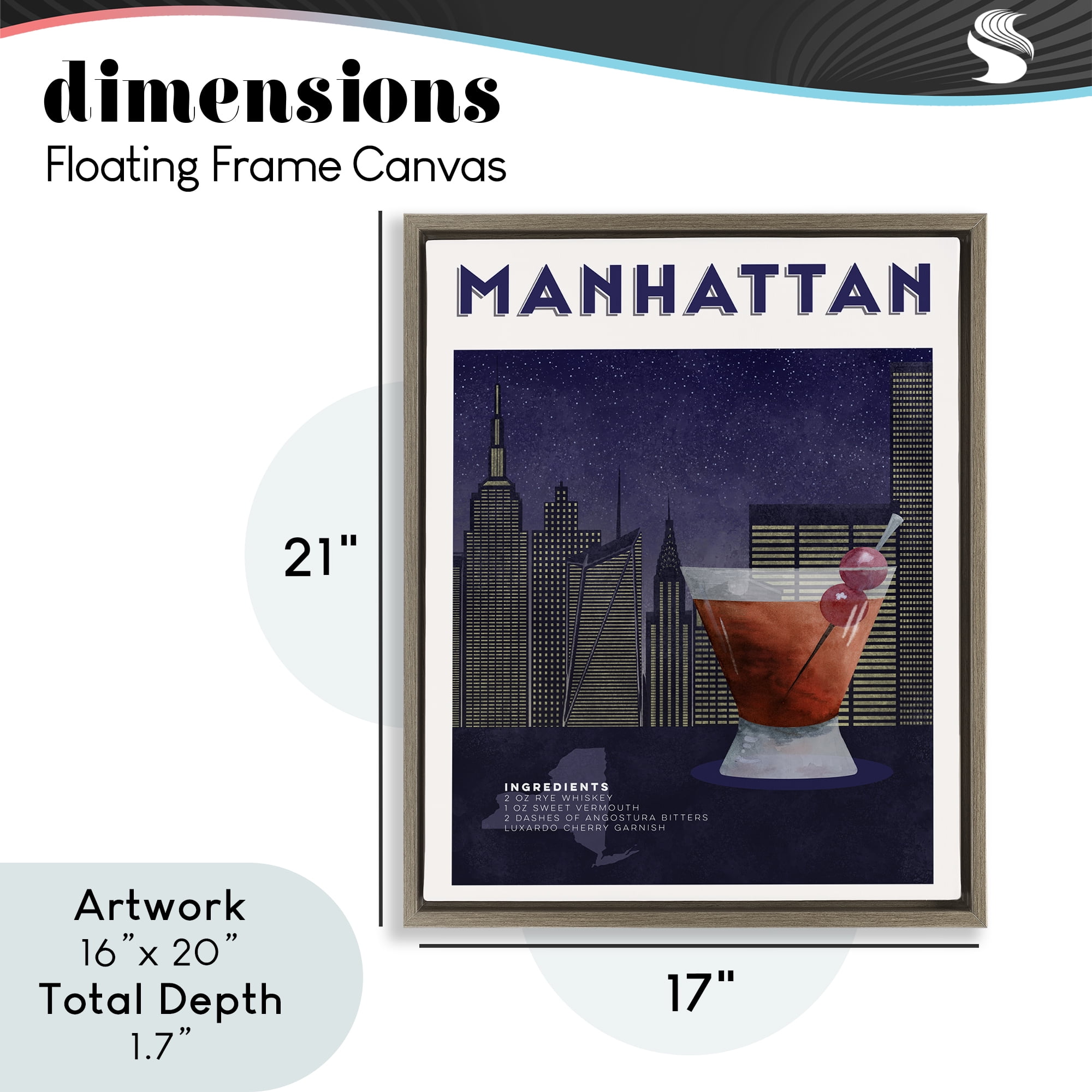 Retro Manhattan Cocktail Cityscape Brown Framed Floater Canvas Wall Art, design by Brett Blumenthal