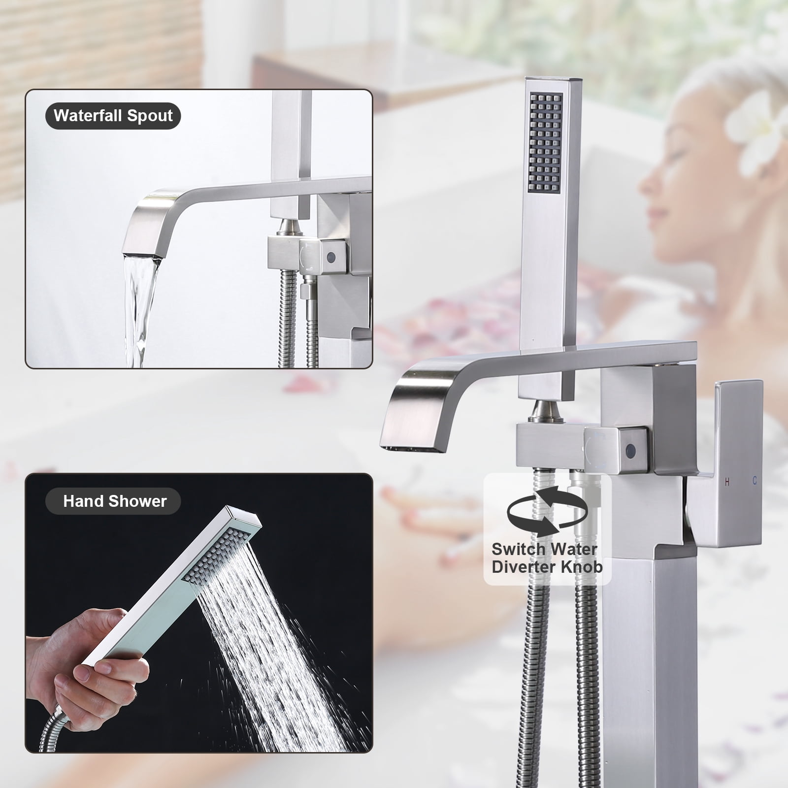 Wowow Brushed Nickel 1-handle Freestanding Waterfall Bathtub Faucet with Hand Shower (Valve Included)