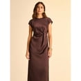 thumbnail image 3 of Brown Short Sleeve Ruched Twist Sheath Dress For Women, 3 of 7