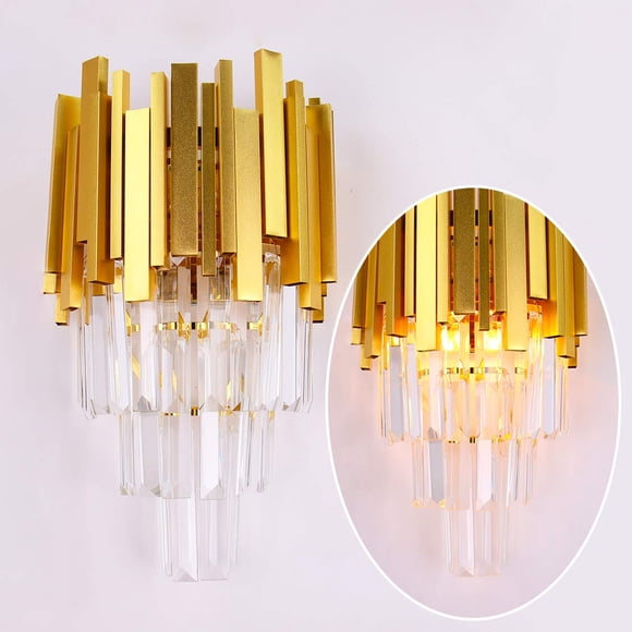 Lámpara de Pared de Cristal Dorado FRIXCHUR 3 Niveles con Luz LED - Iluminación Moderna de Pared para Dormitorio, Baño, Sala, Pasillo y Escalera, 2X Casquillo E12