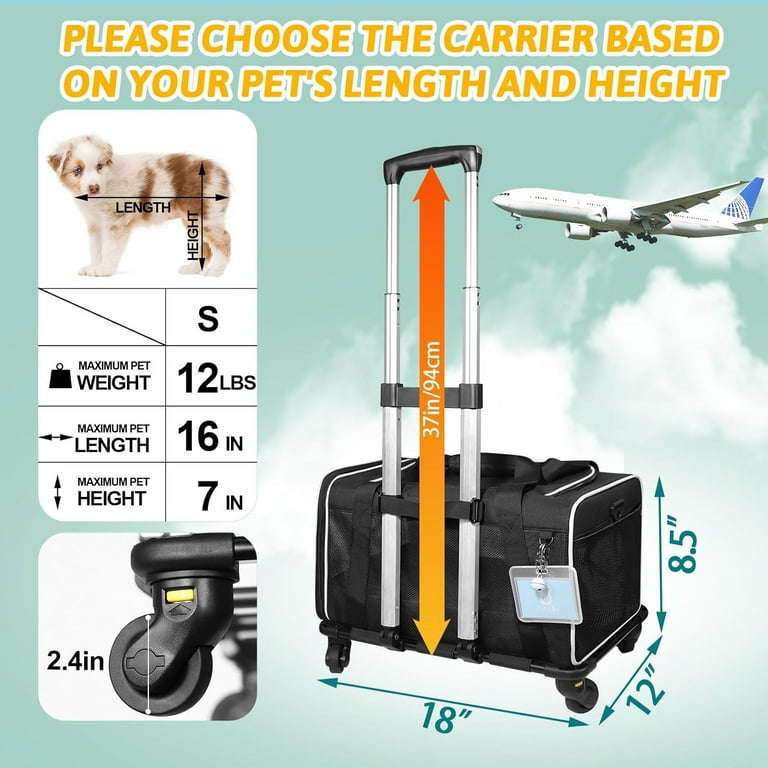 Pet Carrier with Wheels 18x12x8.5 JetBlue Allegiant Airline Approved Soft Dog Carrier for 1 12 LBS Pets with Safety Lock Zipper Black