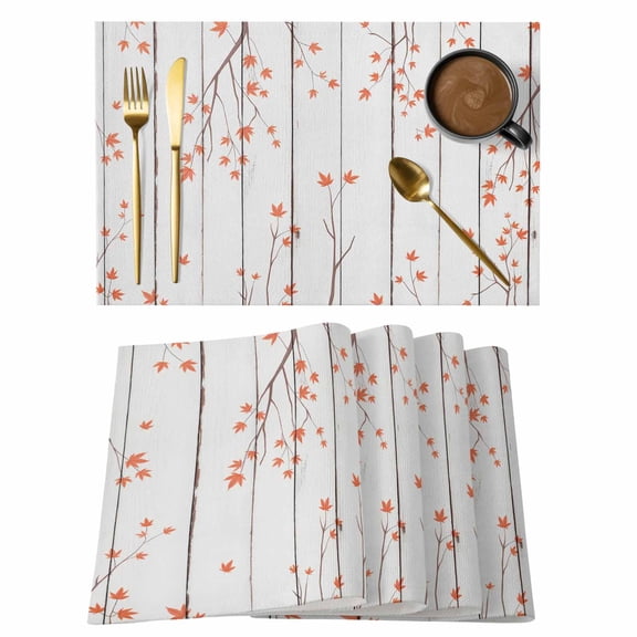 Fall Botanical Placemats Set of 6, Orange Autumn Maple Leaf Vintage Placemats for Dining Table, Place Mats for Kitchen Tabletop, Waterproof Wipeable Dining Table Mats Set
