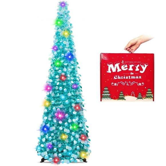 Árbol de Navidad MACTING, 152 cm, desplegable, con luces, azul aguamarina