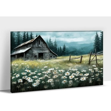 Youart Barn and White Daisy 12" x 18" Framed Canvas Art Prints