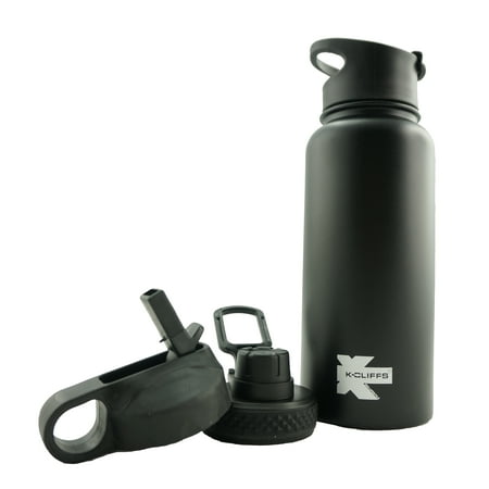 Double Wall Sports Water Bottle Vacuum Insulated Flask Stainless Steel Sport Bottles BPA Free 3 Lids Included Straw / Coffee / Sport Cap Black 32oz (1000ML / 1 (Best 24 Oz Coffee Thermos)