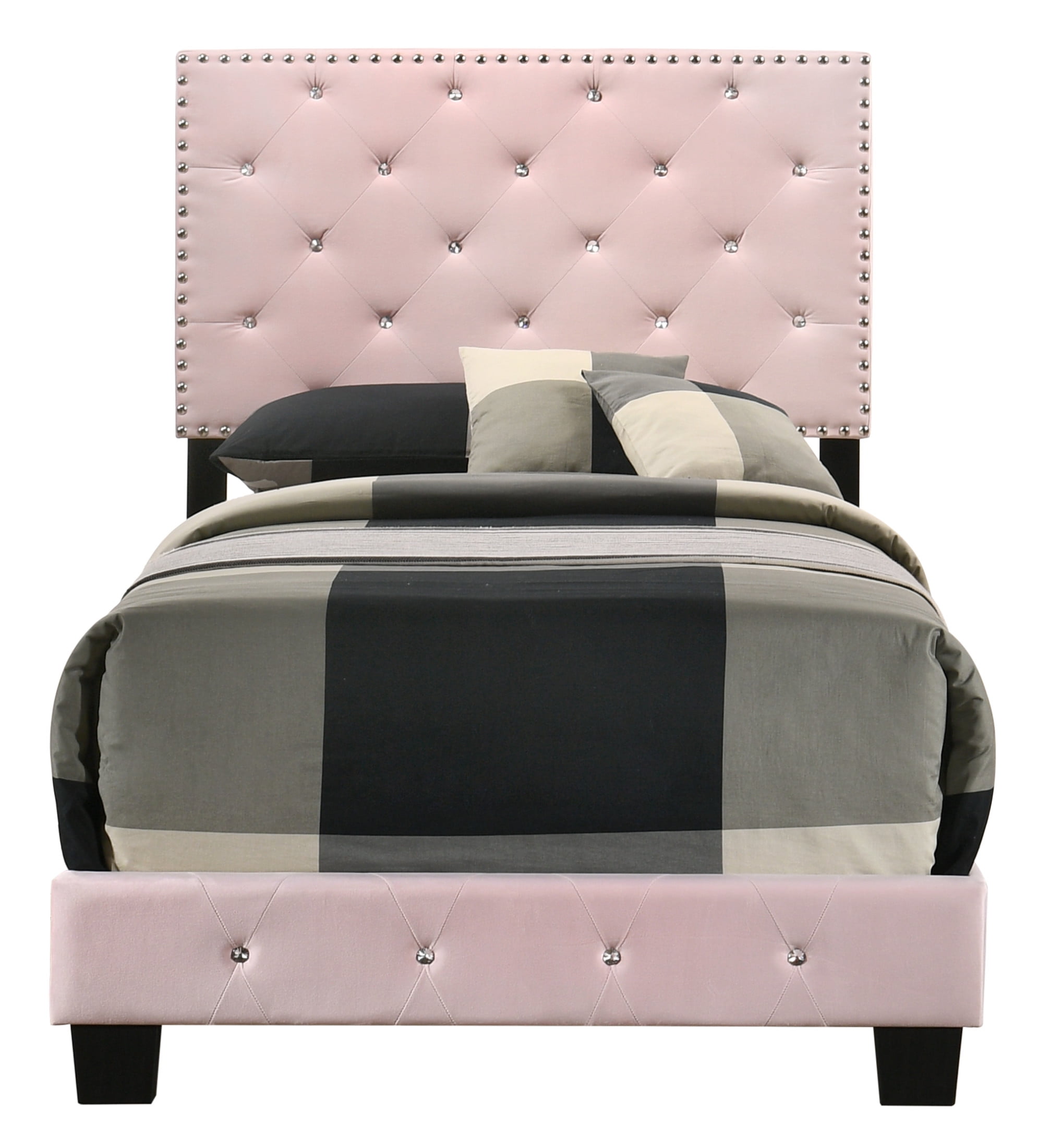 Noble House Casual Velvet Twin Bed for Kids with Tufted Headboard, Wood Supports, Pink