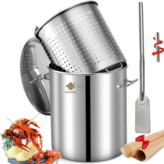 64QT Stainless Steel Seafood Boil Pot with Basket and 36" Mixing Paddle, Threads Removable Handle, Crawfish, Crab, Lobster, Shrimp Boil Stock Pot with Strainer, Turkey Fryer, Brewing Beer, 16Gal
