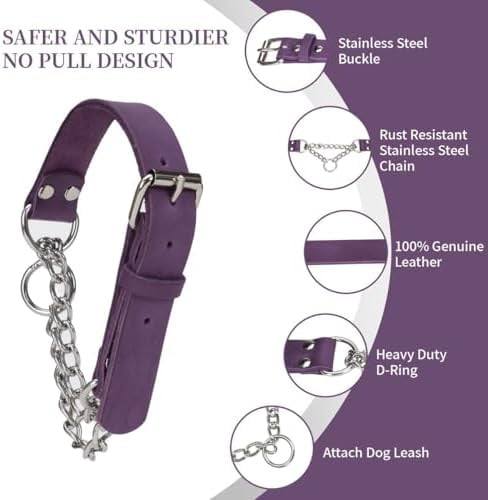 Martingale Collar for Dogs No-Pull Adjustable Training Collar with Stainless Steel Chain - Genuine Leather Anti-Slip Design for Small,Medium,Large Breed Dogs - Purple (M)