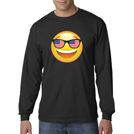 Trendy USA 474 - Unisex Long-Sleeve T-Shirt Emoji Smiley Face USA American Flag Sunglasses 4th July 3XL Black