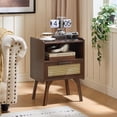 thumbnail image 3 of LELELINKY Mid Century Nightstand with Rattan Accents, Bedside Table with Drawer and Open Shelf, Solid Wood Legs, Walnut, 3 of 7