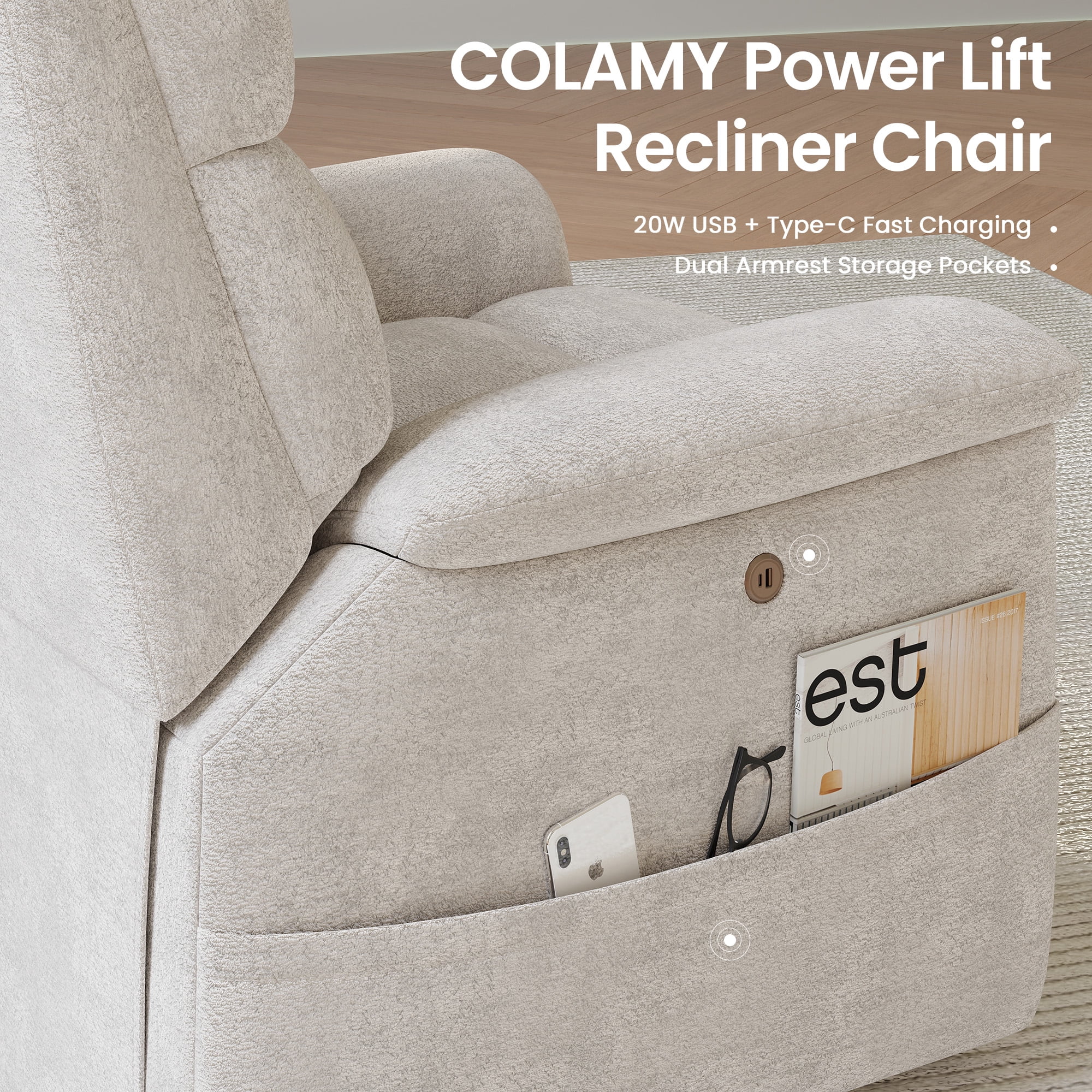 COLAMY Power Lift Recliner Chair for Elderly, Electric Massage and Heat Sofa with Lift Assistance, 20W USB and Type-C Fast Charging, Beige
