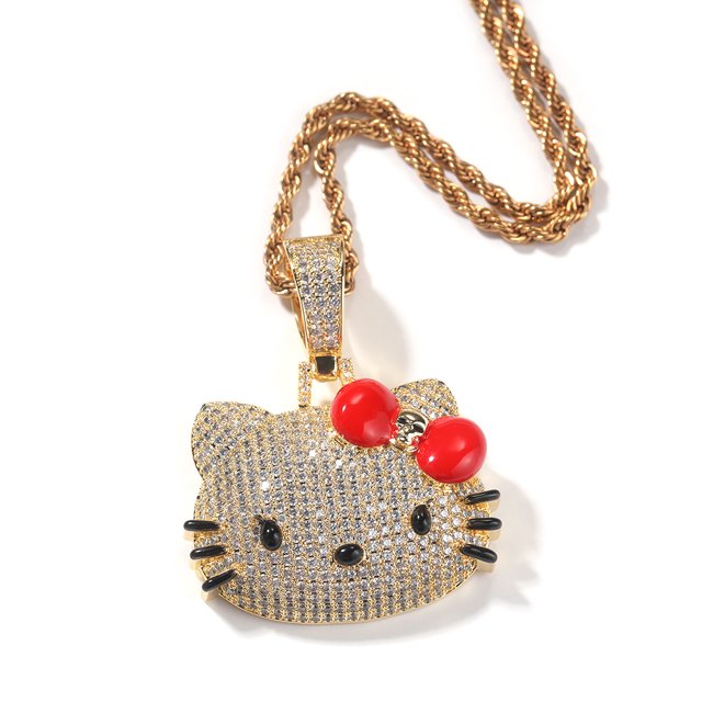 Colgante de gato de dibujos animados de oro con circonita helada, collar de cadena con colgante de Hello Kitty de hip hop para mujer