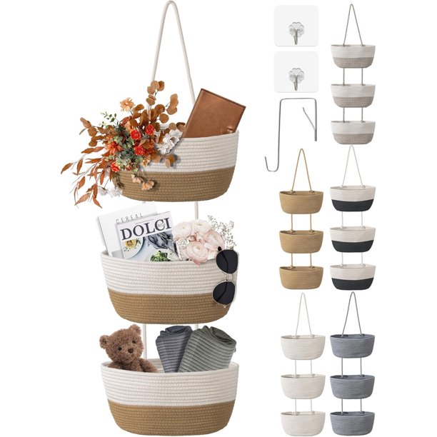 Canasta colgante de pared tejida de 3 niveles, canasta colgante sobre la puerta con ganchos, almacenamiento decorativo para colgar en el armario removible, canasta de pared grande para sala