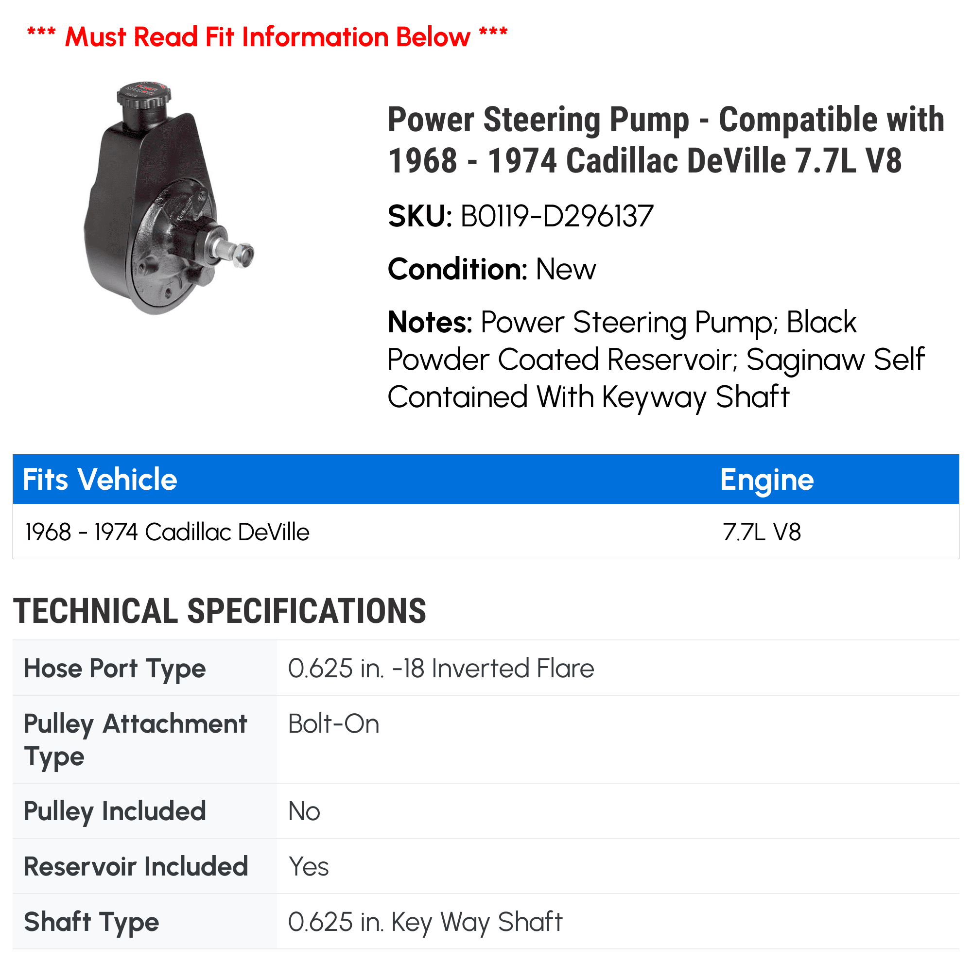 Power Steering Pump - Compatible with 1968 - 1974 Cadillac DeVille 7.7L V8 1969 1970 1971 1972 1973