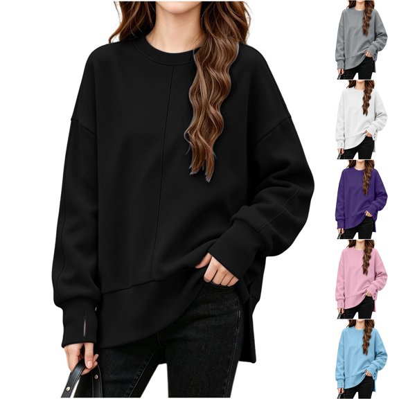Falkdiz Girls Comfy Shirts Outdoor Long Sleeve With Mitten-Style Cuffs Tops Winter Warm School Party Pullover for Girls Solid Color , Black , Size: 5-6 Years
