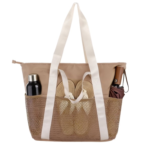 Beach Bag for Women, Large Waterproof Sandproof Beach Tote with Zipper, Foldable Handbag with Exterior Mesh Pockets, Reinforced Handles for Pool, Swim, Travel and Daily Use (Khaki)