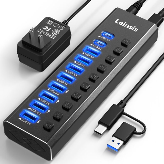 Hub USB alimentado LEINSIS Hub USB 3.2/USB C de 10 puertos con adaptador