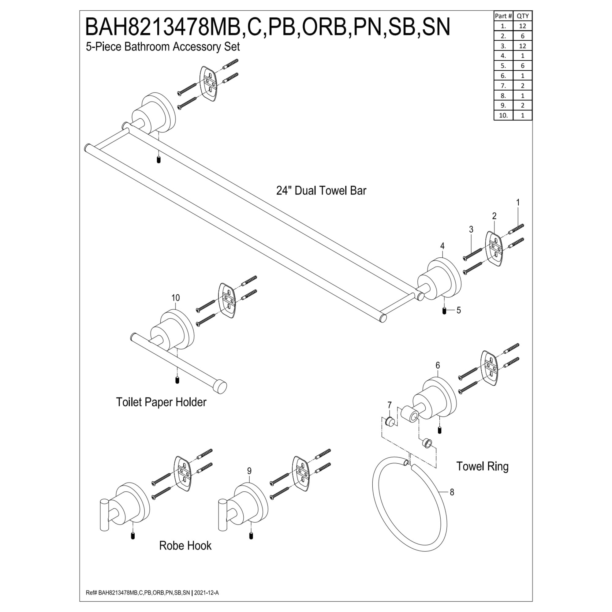 Kingston Brass BAH8213478PN Concord 5-Piece 24-Inch Dual Towel Bar Bathroom Accessory Set in Polished Nickel