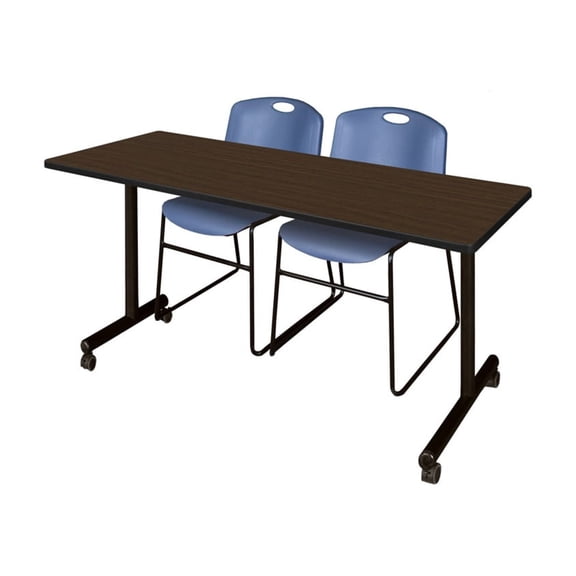 Regency Kobe 72 x 24 in. T-Base Training Seminar Table- Neo Walnut, 2 Zeng Stack Chairs- Blue