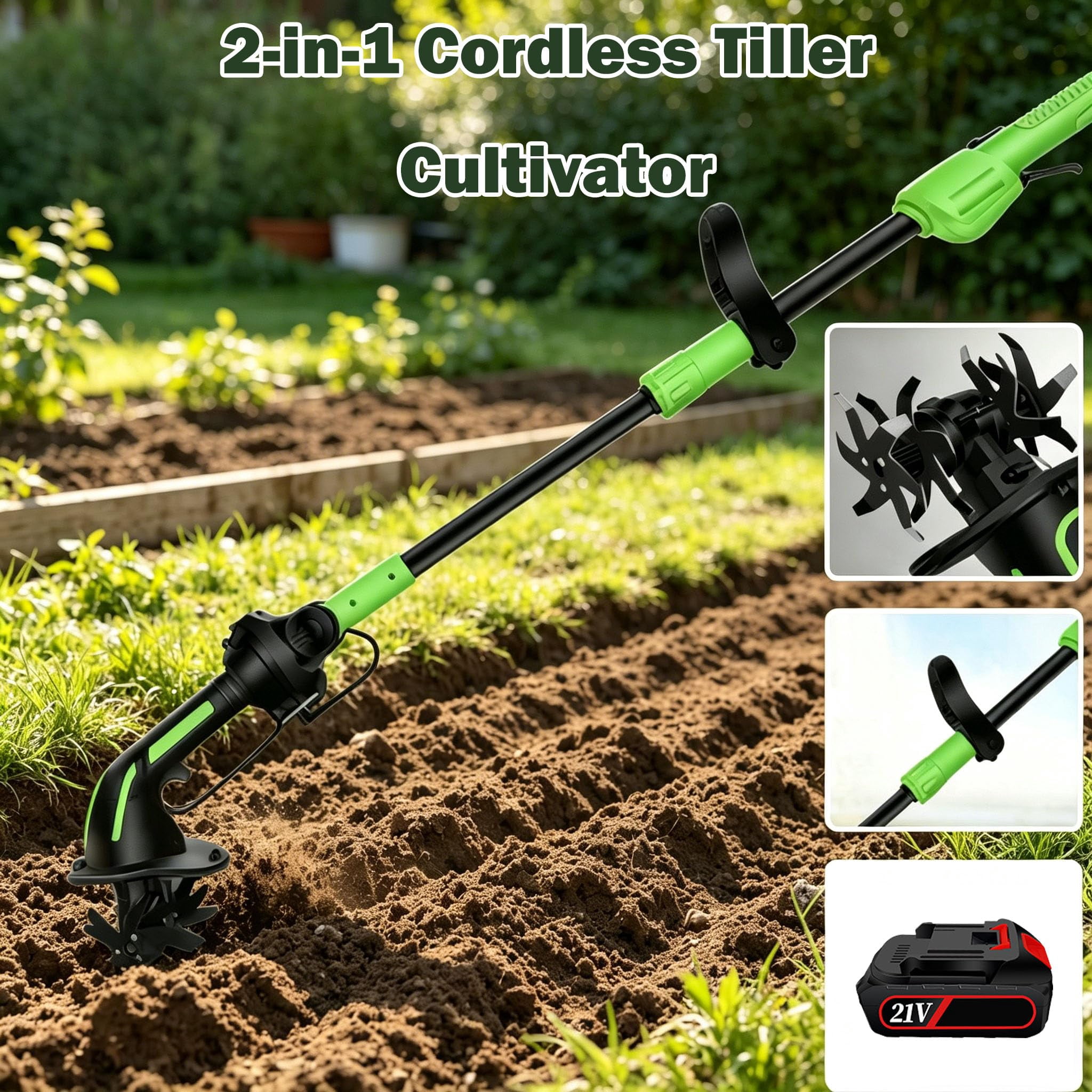 2-in-1 Cordless Tiller & Cultivator with Extension Pole, 2026 Rechargeable Garden Rototiller, Lightweight Handheld Soil Cultivator for Lawn, Yard, Flower Beds & Vegetable Gardens