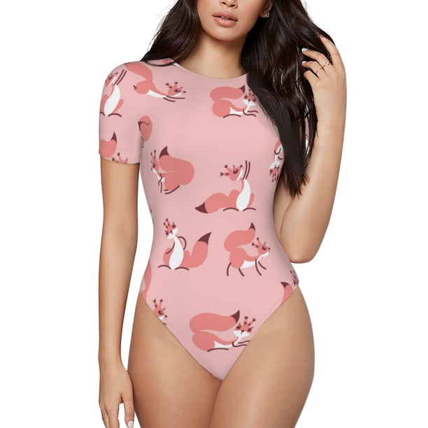 Balery Fox Body de cuello redondo de manga corta para mujer Tops de manga corta Tops básicos-Medium