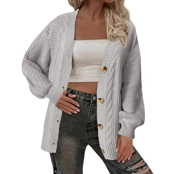 Gibobby Suéter mujer Cárdigan ligero con frente abierto para mujer suéter de punto básico casual manga larga cuello de chal suéteres(Gris,G)