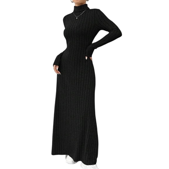 WTOBBY Ladies' Temperament Slim Fit High Neck Fashionable Solid Color Long Sleeved Dress - Sophisticated and Elegant Dress with High Neck, Great for Formal or Casual Settings,Black L