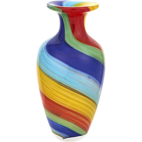 World Gifts Band Murano Style Art Glass Decorative Vase In Urn Shape - Mouth Blown Artistic Rainbow Design for Home Decor, Bold Design, And Classic Shape - Multicolor, 10.5 Inch