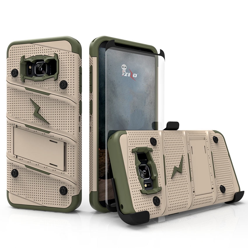 ZIZO BOLT Series Samsung Galaxy S8 Plus Case Military Grade Drop Tested with Tempered Glass Screen Protector Holster TAN CAMO GREEN