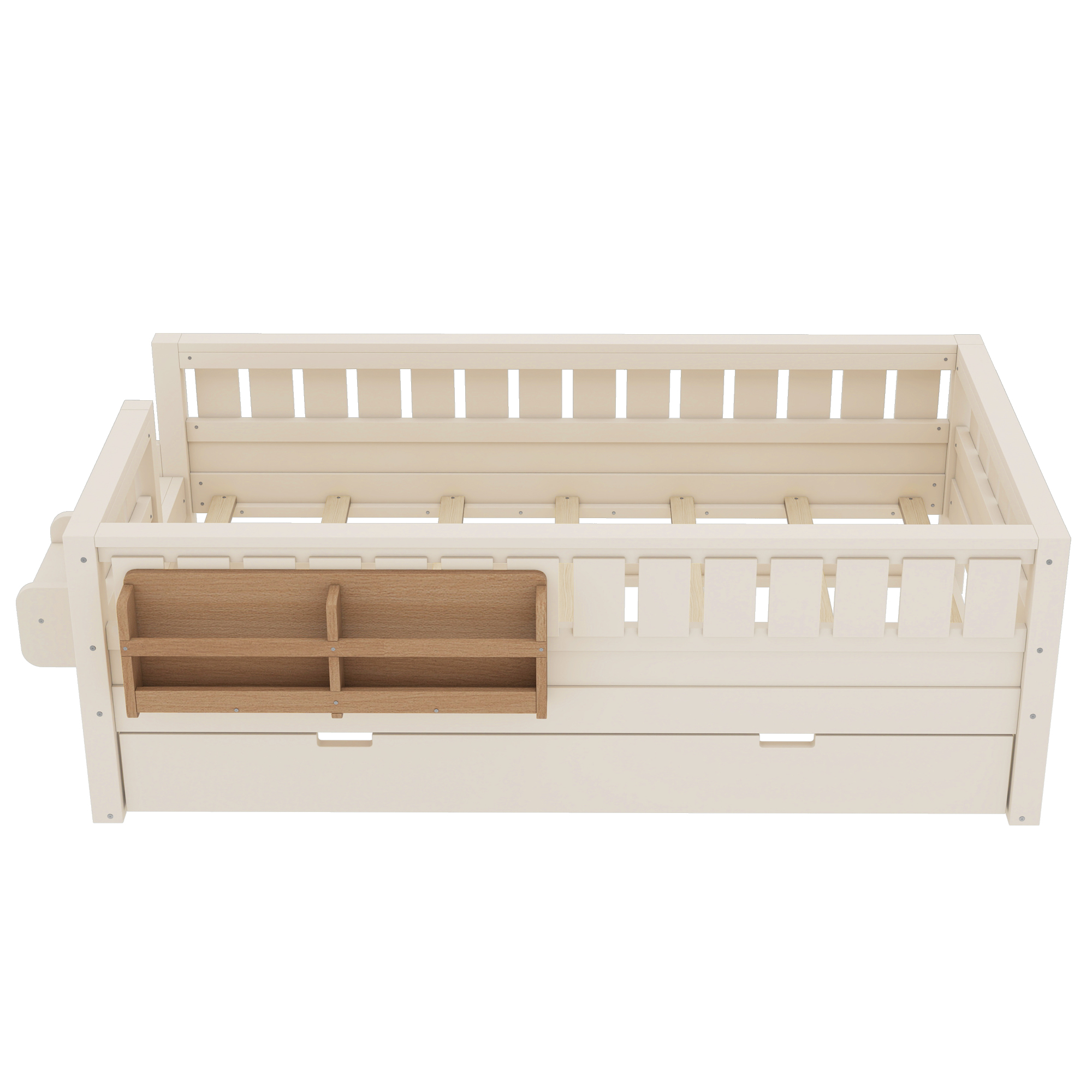 Twin Bed with Bookshelf and Trundle 79.1 Inch, Solid Wood Frame with Staircase and Safety Rails, Space-Saving Kids Bed with Storage, Beige