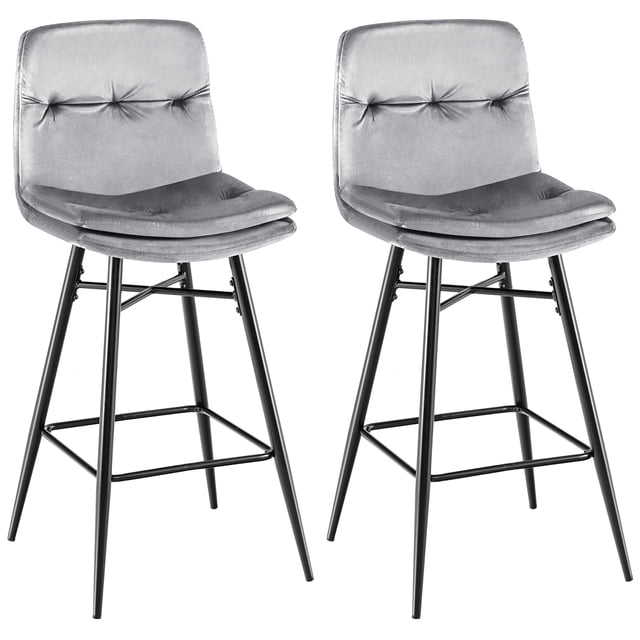 Costway Set of 2 Velvet Bar Stools Bar Height Kitchen Dining Chairs with Metal Legs Grey