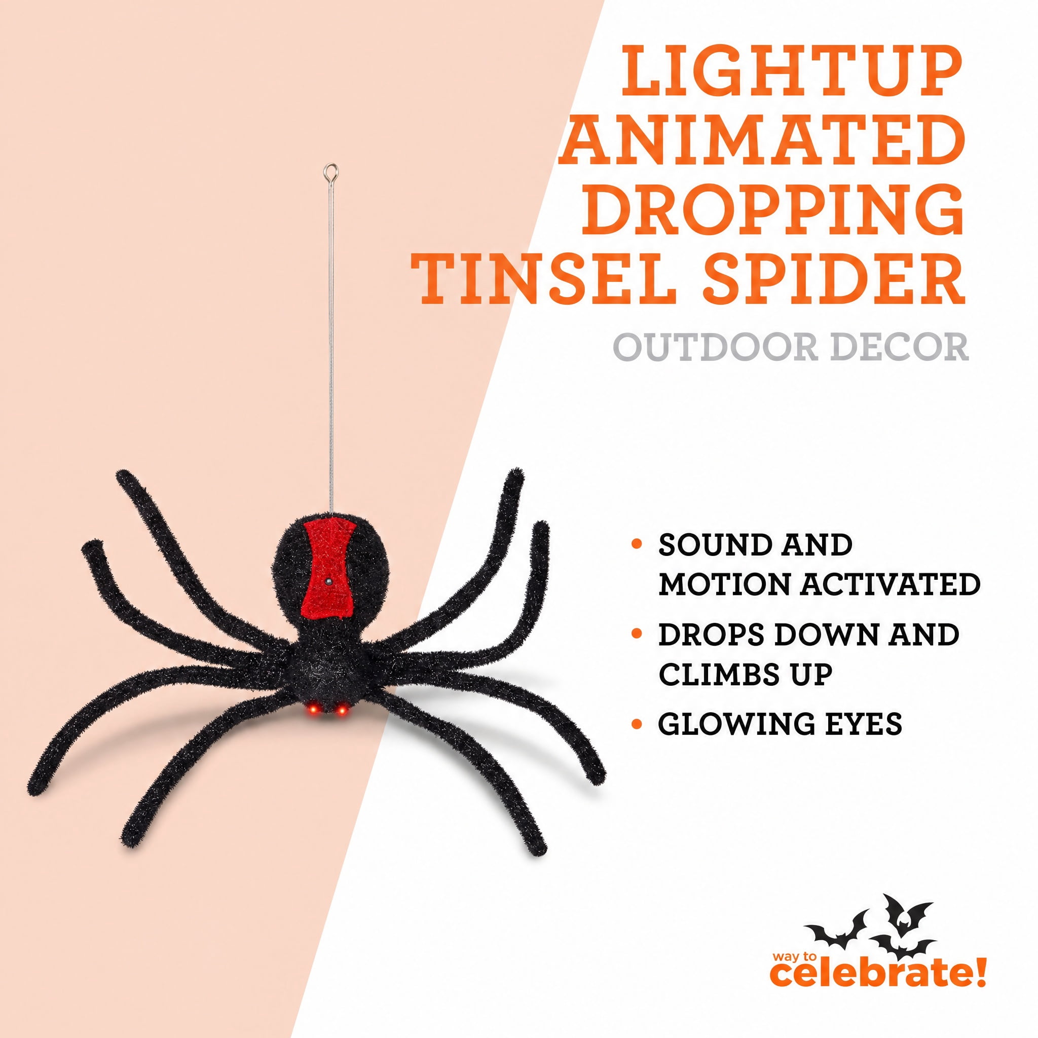 Light-Up Animated Dropping Tinsel Spider Decoration, Black and Red, 2', Halloween by Way To Celebrate