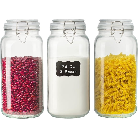 Panzexin 78oz Large Glass Food Storage Jars with Airtight Clamp Lids, 3 PCS Canister for Kitchen & Pantry Organization, Square Mason Jar Containers for Storing Sugar, Flour, Cereal,Coffee,Cookies