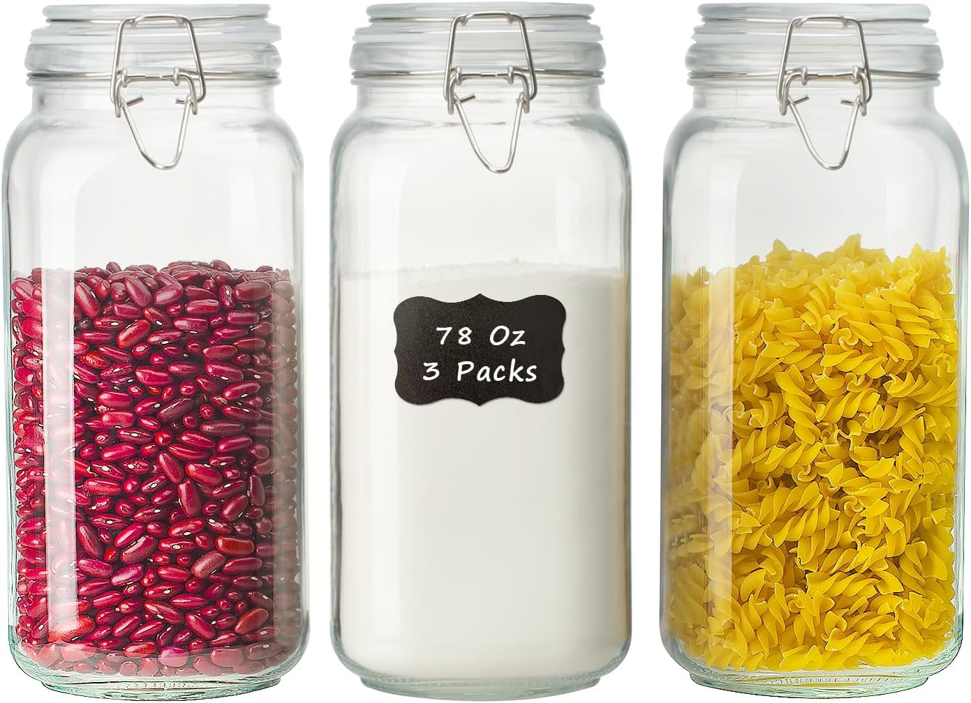 Panzexin 78oz Large Glass Food Storage Jars with Airtight Clamp Lids, 3 PCS Canister for Kitchen & Pantry Organization, Square Mason Jar Containers for Storing Sugar, Flour, Cereal,Coffee,Cookies