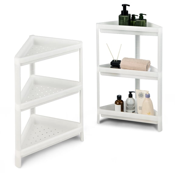 LILEYI 2 Pack Corner Shelf Stand, 3-Tier Detachable Floor Shower Shelf, Bathroom Corner Stand w/Drainage Holes, Counter Storage Shelf, Triangle Organizer Rack for Kitchen, Living Room, White