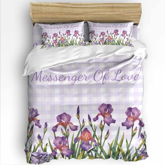Summer Flower Iris King Size Comforter Set, Purple Plaid Country Watercolor Soft Bedding for All Seasons, 4 Pcs Bed Set with 1Comforter (90"x106") ,1 Sheet(94"x116"), 2 Pillowcases (19"x35")