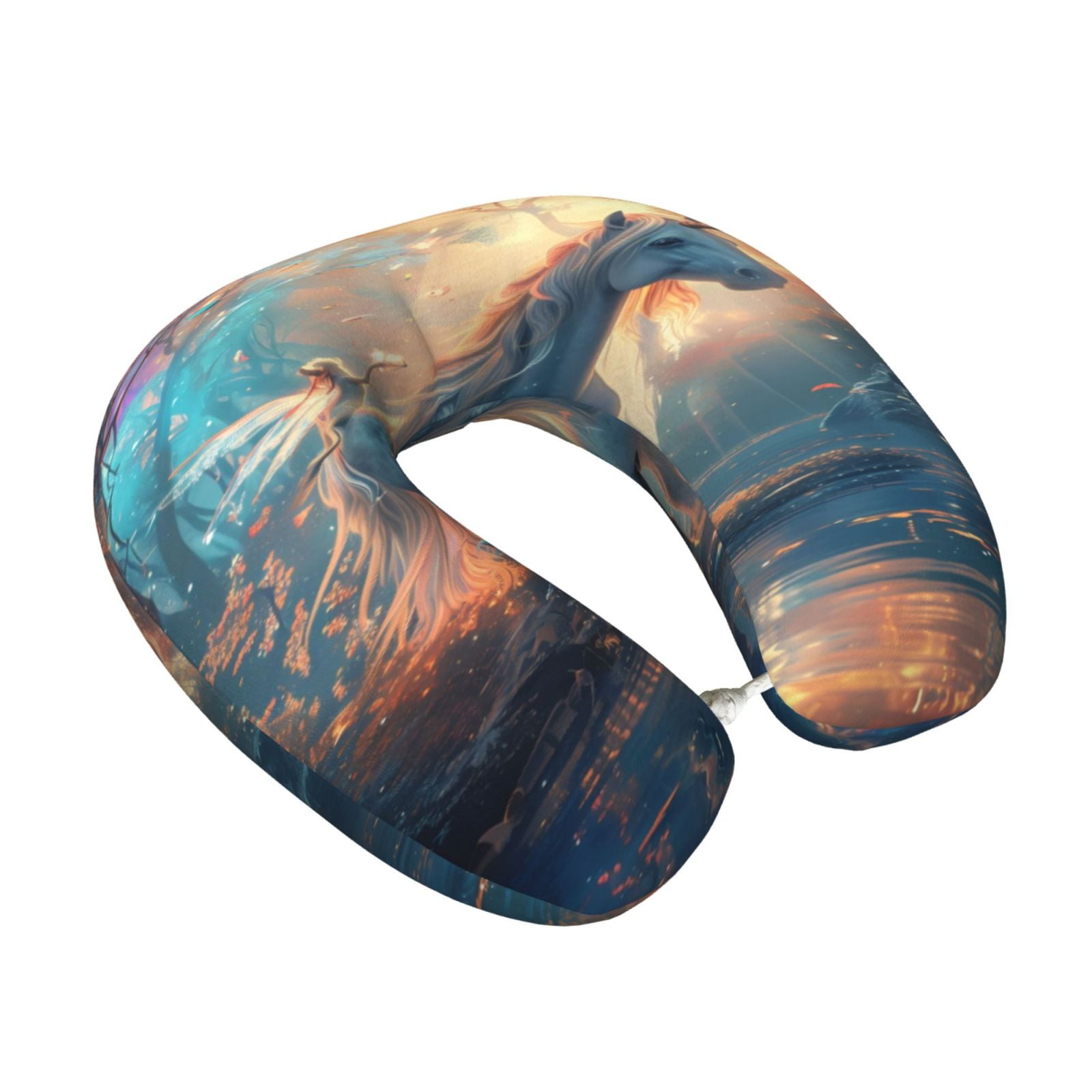 Xecao Forest Lake White Horse Print Memory Foam Cervical Neck Pillow Versatile U-Shaped Pillows for Home,Office,Camping,Travelling,Soft Washable Cover