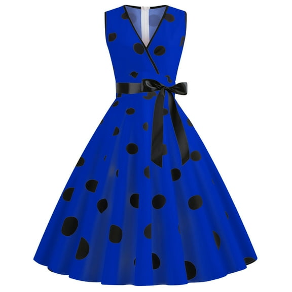 YWDJ 80s Prom Dress for Women Costume Plus Size Vintage Retro V-Neck Sleeveless Print Evening Party Prom Swing Dress Spring Summer Dresses for Women 2023 Blue S