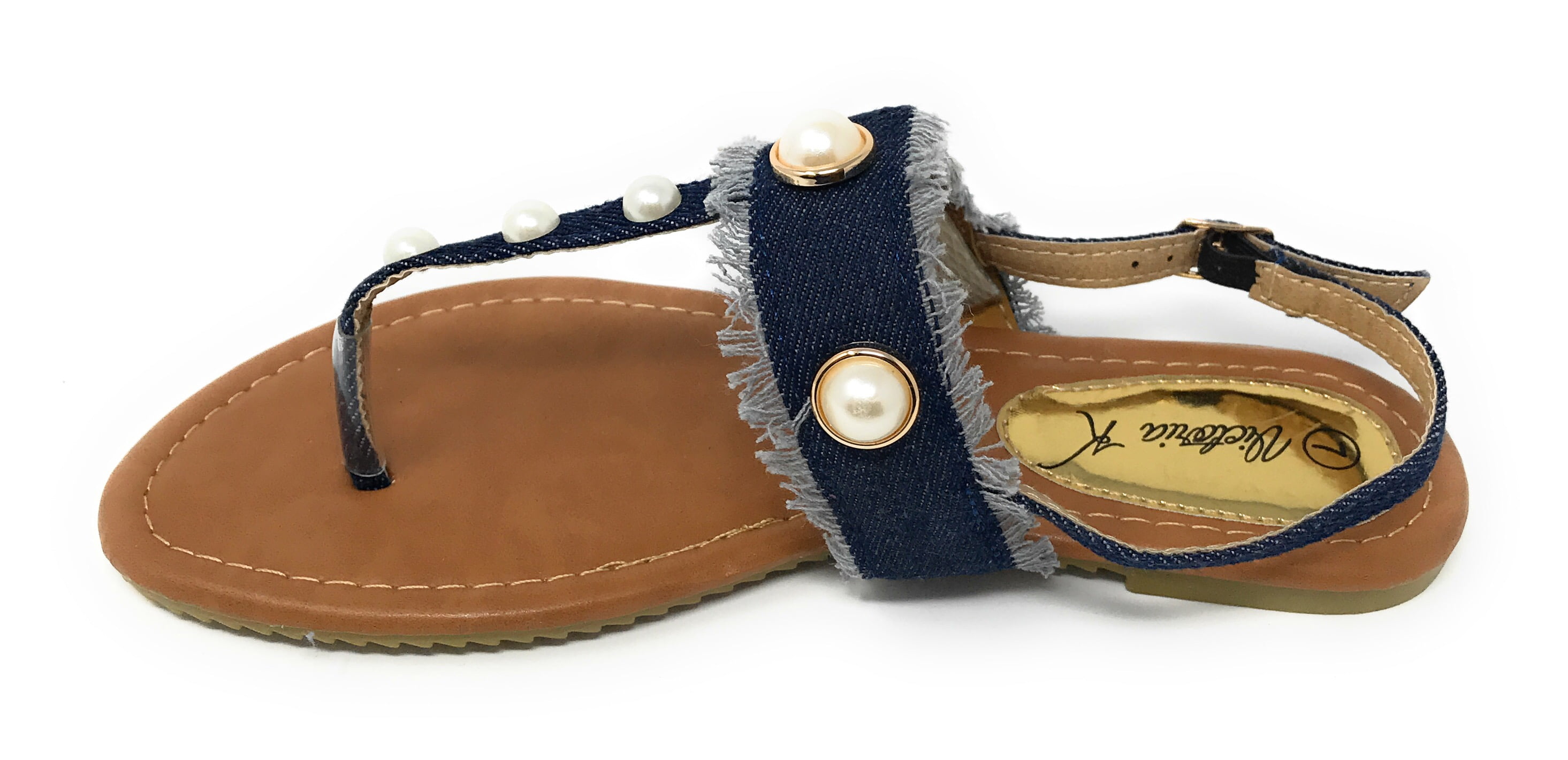 Victoria K Women's Fringed Denim With Pearl Studs Sandals