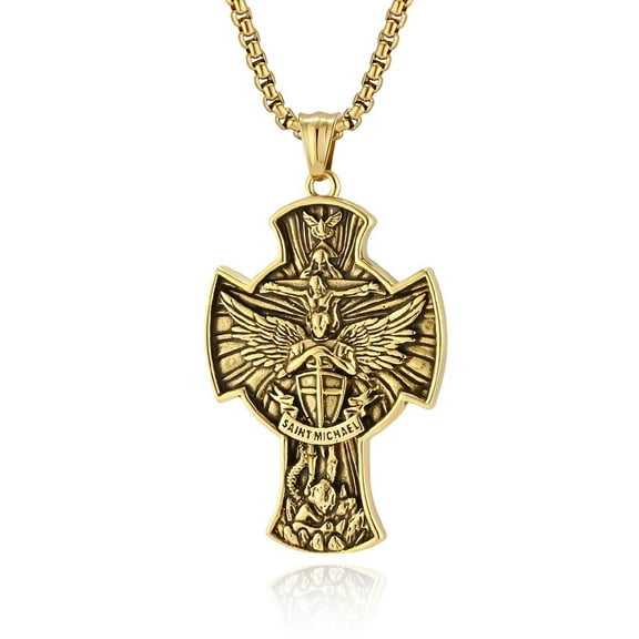 Vintage 14K Yellow Gold Saint Michael Cross Pendant Necklaces For Men Women Fashion Religious Amulet Jewelry Gifts